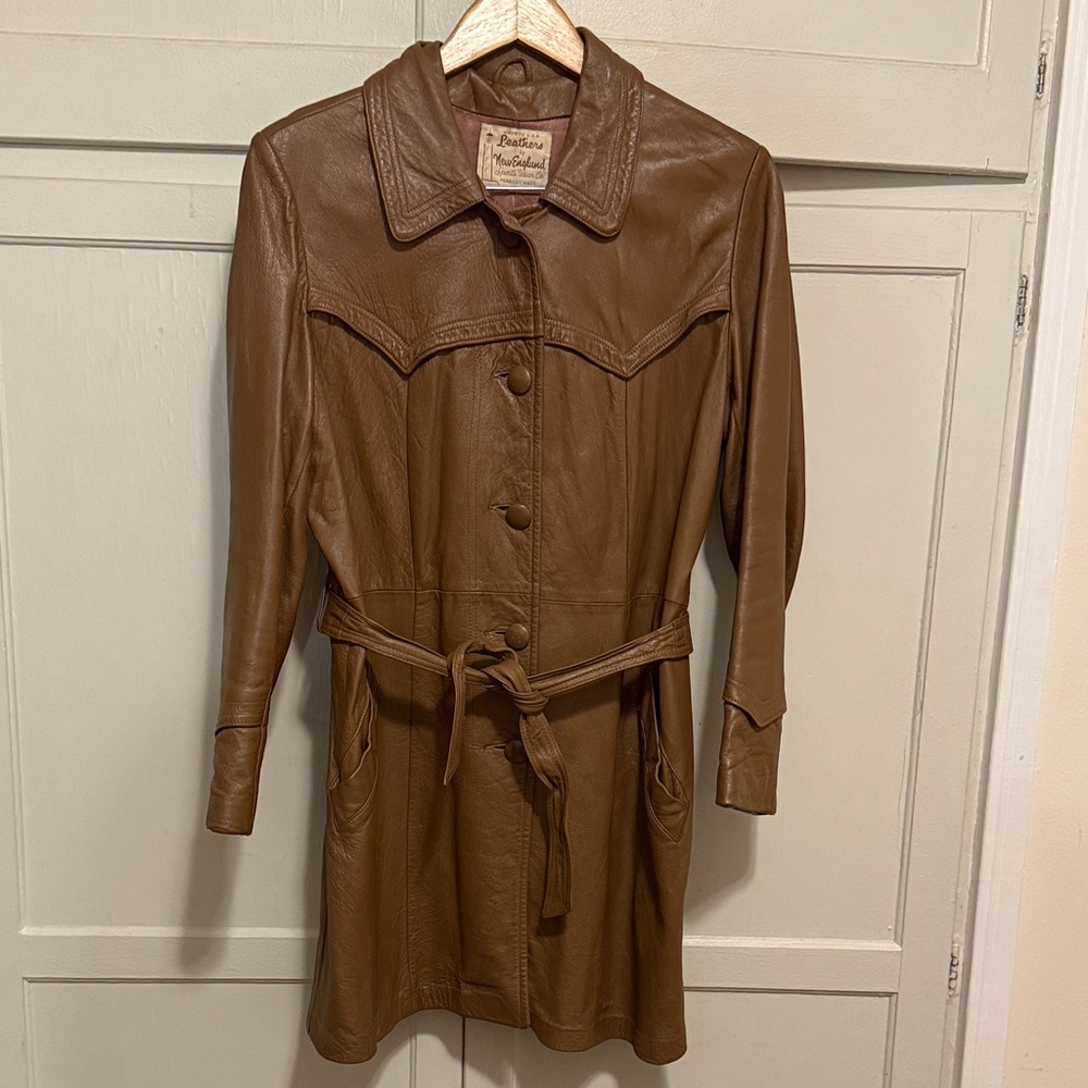 60s leather trench coat caramel brown